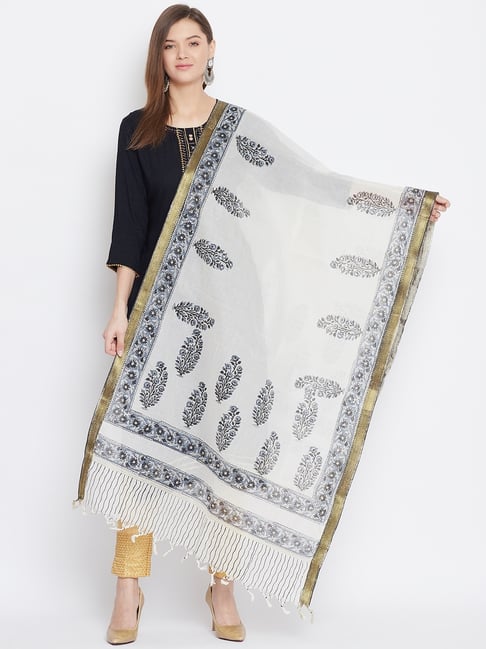 Clora Creation White Printed Cotton Blend Dupatta