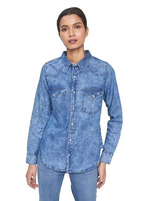 AND light Blue Cotton Denim Shirt Price in India