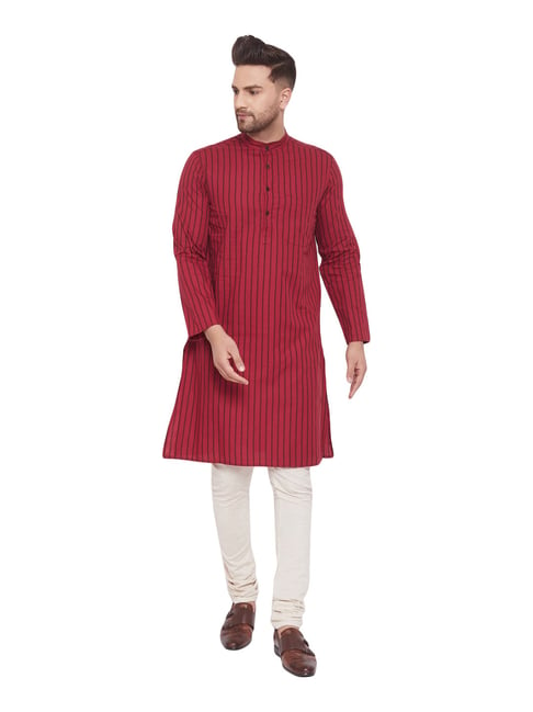 Even Maroon Cotton Regular Fit Striped Kurta