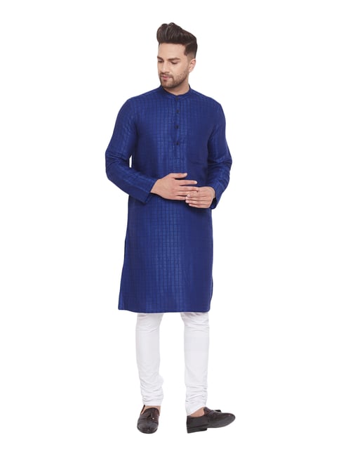 Even Blue Cotton Regular Fit Checks Kurta