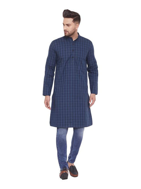 Even Navy Cotton Regular Fit Checks Kurta