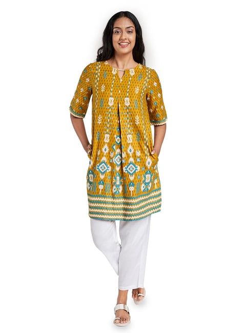 Global Desi Mustard Printed Kurta