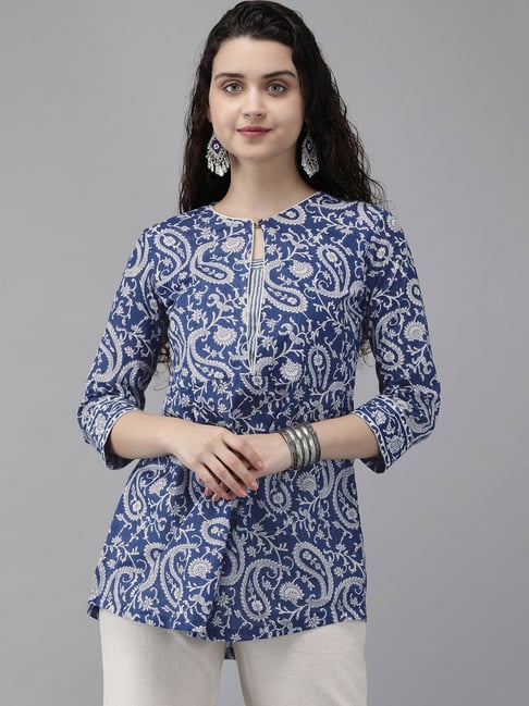 Rain and Rainbow Blue Printed Straight Kurti Price in India