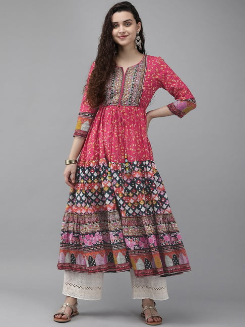 Rain and Rainbow Pink Printed Anarkali Kurta Price in India