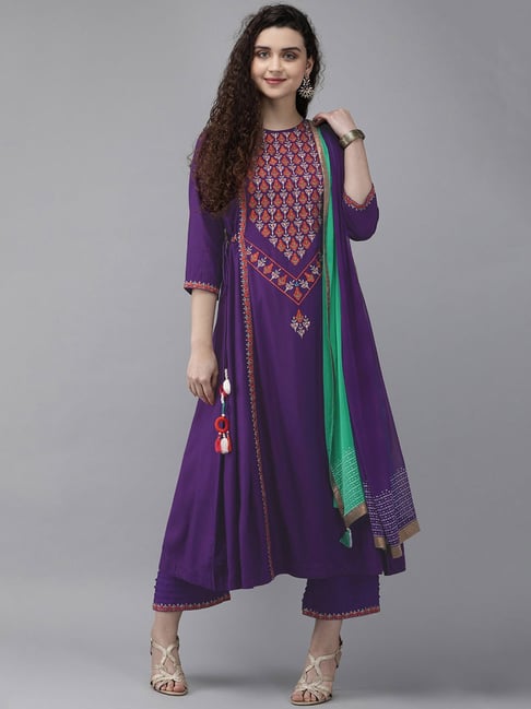 Rain and Rainbow Violet Embroidered Kurta With Palazzo & Dupatta Price in India