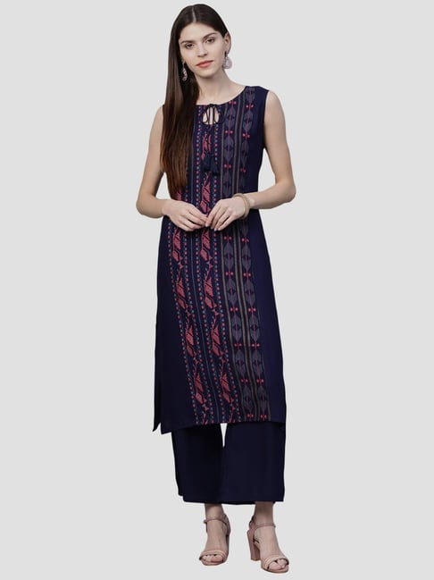 Ziyaa Navy Printed Kurta Palazzo Set Price in India