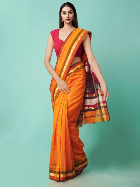 Unnati Silks Women's Pure Handloom Maheshwari Silk Cotton Saree With Blouse Price in India