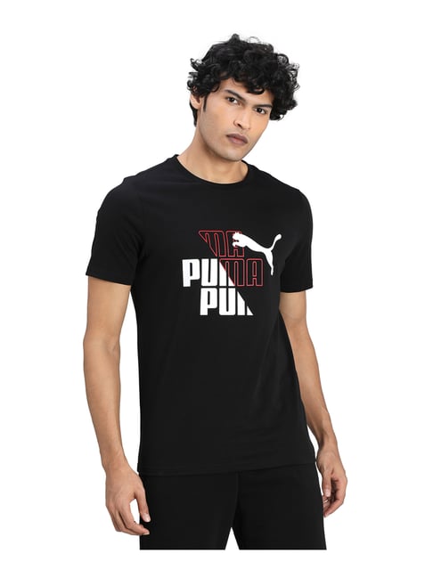 Puma Graphic Black Cotton Regular Fit Logo Printed Sports T-Shirt