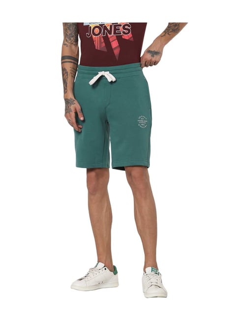 Jack & Jones Green Solid Regular Fit Cotton Shorts