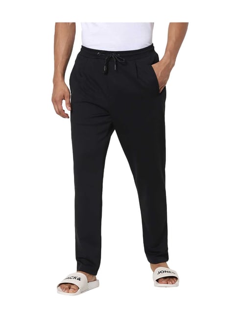 Jack & Jones Black Solid Mid Rise Track Pants