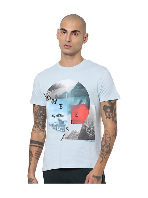 Jack & Jones Sky Blue Round Neck Cotton T-Shirt