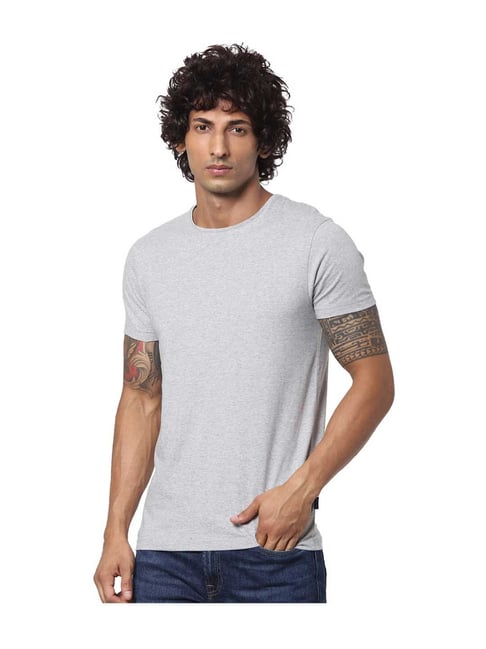 Jack & Jones Light Grey Solid Round Neck T-Shirt