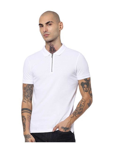 Jack & Jones White Solid Cotton Polo T-Shirt