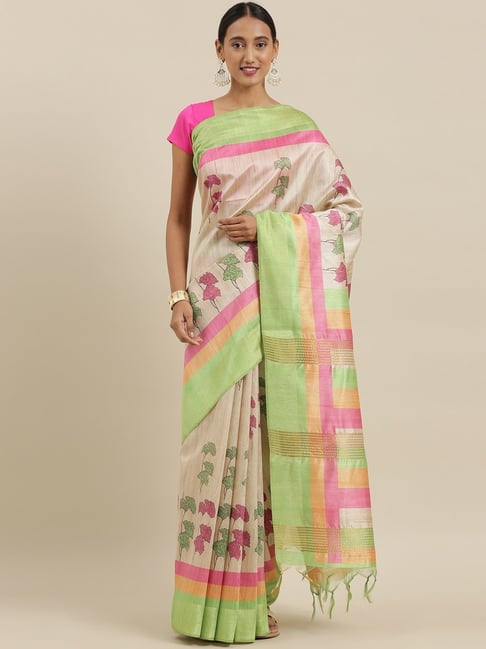 The Chennai Silks Beige Cotton Printed Saree With Blouse Price in India
