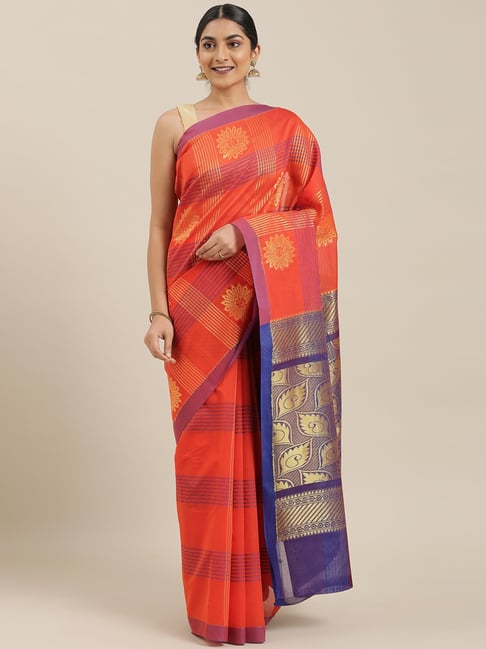 The Chennai Silks Red Cotton Silk Checked Saree With Blouse Price in India