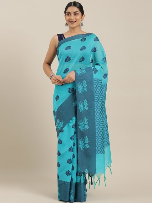 The Chennai Silks Blue Cotton Silk Printed Saree With Blouse Price in India
