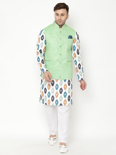 Hangup White & Green Regular Fit Printed Kurta Bottom & Jacket Set