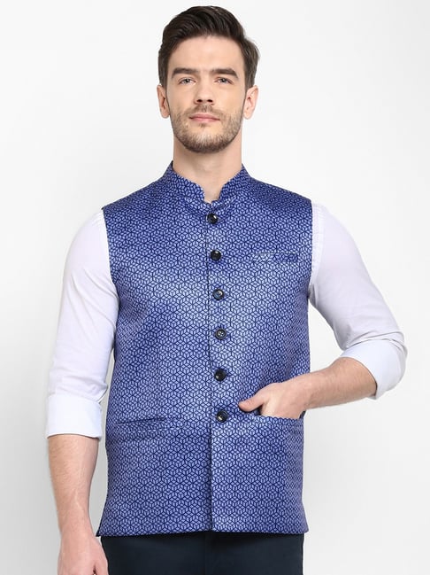 Hangup Blue Regular Fit Printed Nehru Jacket