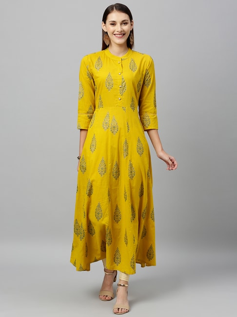 Send Embroidered Yellow Printed Cotton Kurti Online in India at Indiagiftin