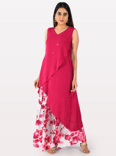 pspeaches Girls Pink Angrakha Pure Cotton Kurti with Trousers & With  Dupatta - Absolutely Desi