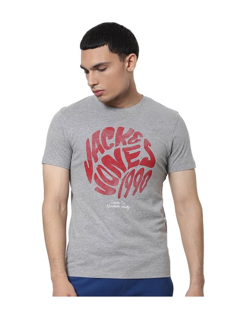 Jack & Jones Light Grey Printed Crew Neck T-Shirt