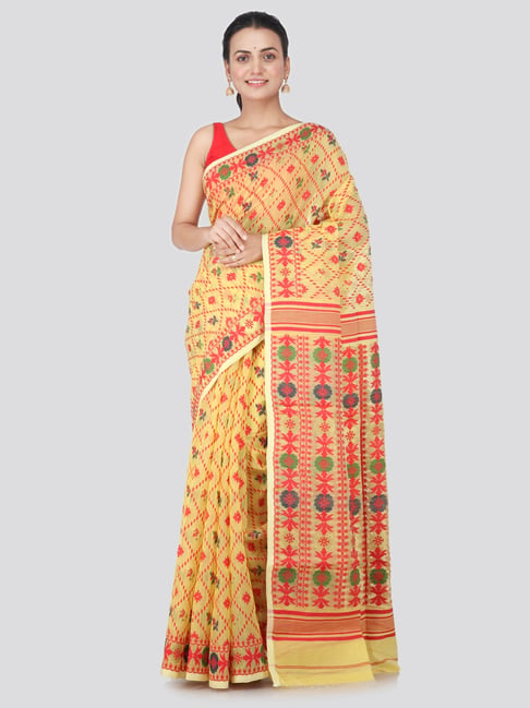 Pinkloom Yellow Jamdani Cotton Floral Print Saree With Blouse-picture-32