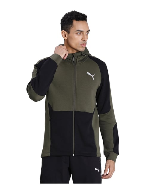 Puma Evostripe dryCELL Olive Green & Black Cotton Regular Fit Colour Block Hooded Sweatshirt