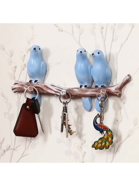 eCraftIndia 3 Blue Birds Sitting on Tree Branch Decorative Key Holder