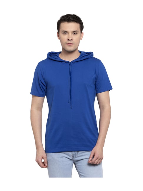 Buy Friskers Blue Cotton Solid Short Sleeves Hooded T-Shirt for