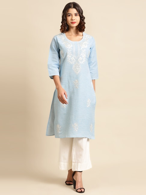 Saadgi Blue Linen Embroidered Straight Kurta Price in India