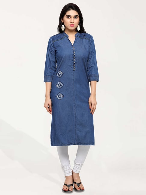 Chikan kurti embroidered kurta cotton Lucknowi ladies Lucknow jeans denim  blue | eBay