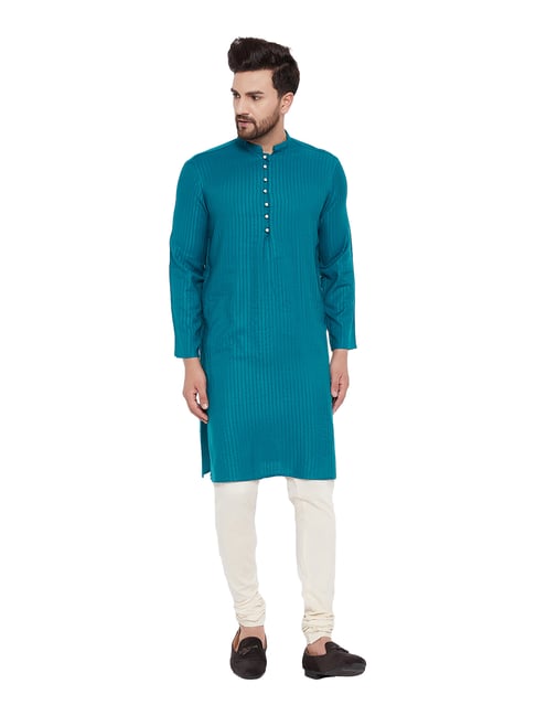 Even Teal Striped Mandarin Collar Kurta