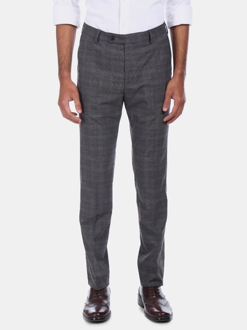 Arrow Dark Grey Cotton Regular Fit Checks Flat Front Trousers