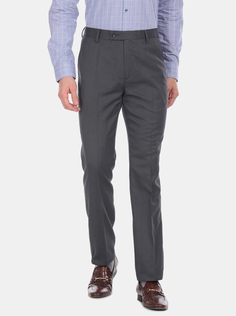 Arrow Dark Grey Regular Fit Self Pattern Flat Front Trousers