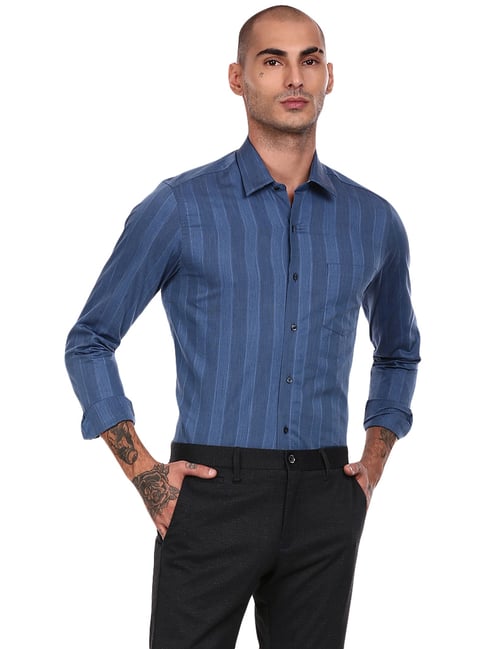 Arrow New York Blue Cotton Slim Fit Striped Shirt