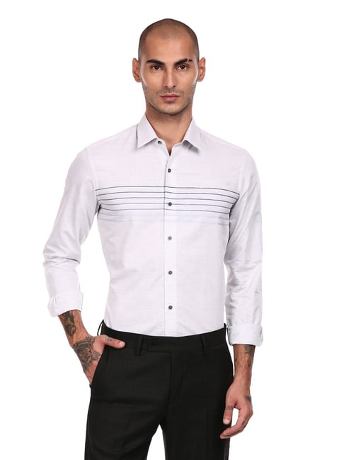 Arrow New York Grey Cotton Slim Fit Striped Shirt