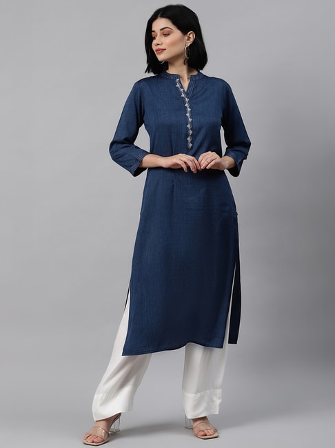 KSUT Blue Woven Mandarin Collar Kurta Price in India