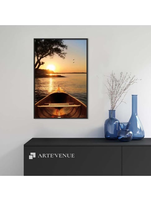 ARTE VENUE Sunset on the Lake Yellow Black Canvas Wall Art Set of 1 11 X 16 inch