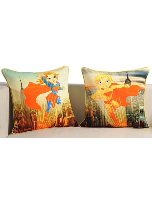 Swayam Orange & Yellow Cotton 210 TC Kids Cushion Covers - Set of 2