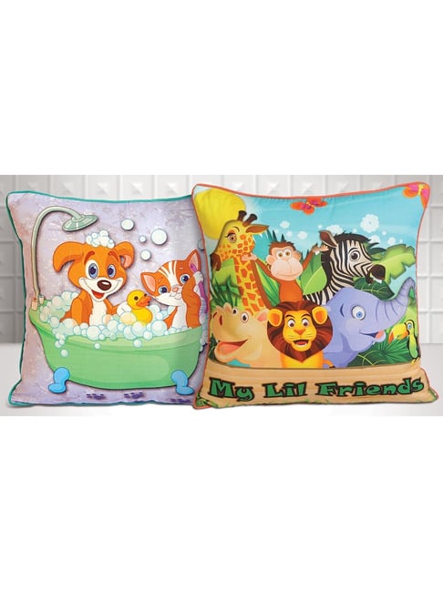 Swayam Multicolor Cotton 210 TC Kids Cushion Covers - Set of 2