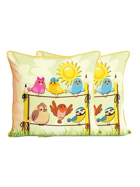 Swayam Yellow & Pink Cotton 210 TC Kids Cushion Covers - Set of 2