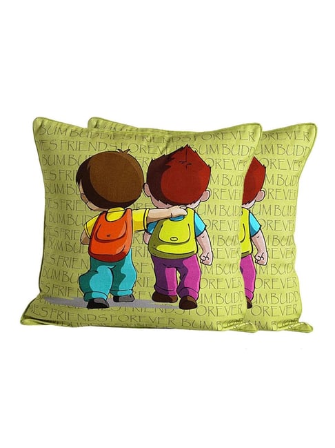 Swayam Green & Brown Cotton 210 TC Kids Cushion Covers - Set of 2