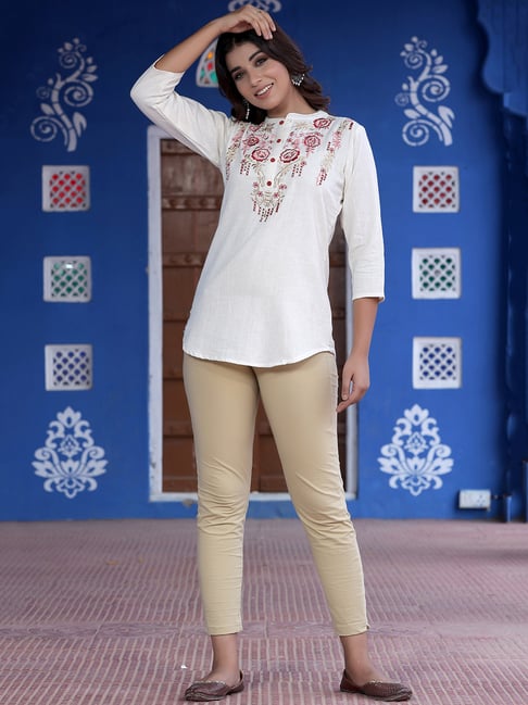 Yufta White Embroidered A Line Kurti Price in India