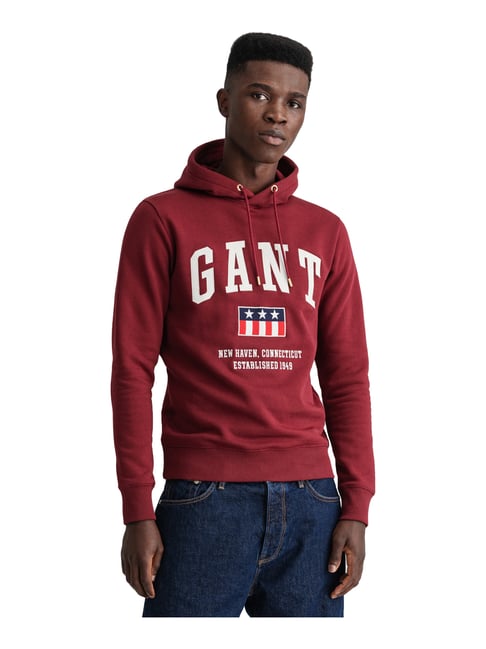 Buy GANT Maroon Cotton Regular Fit Logo Printed Hooded Sweatshirt