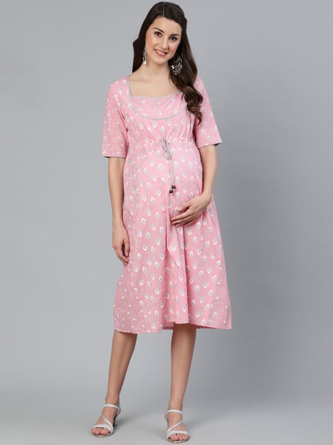 Aks Pink Cotton Printed Maternity Dress