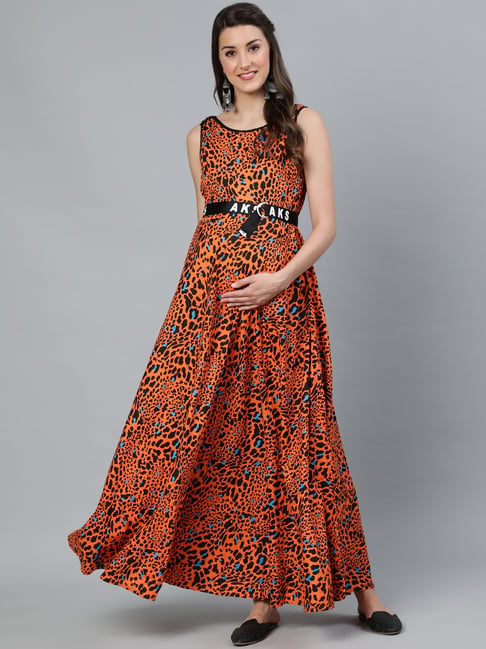 Aks Orange Rayon Printed Maternity Dress