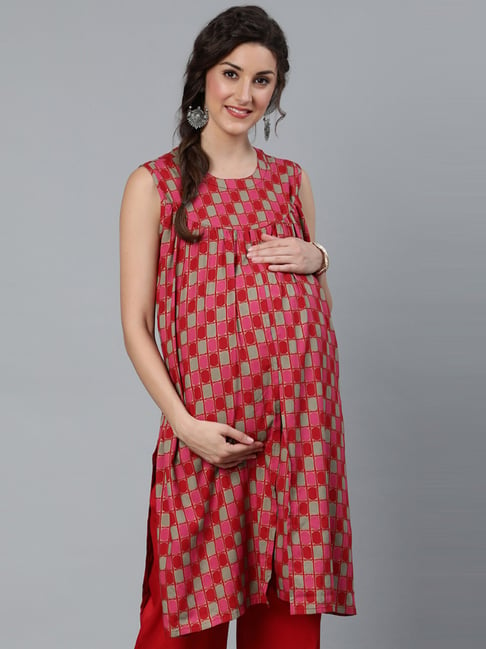 Aks Red & Pink Rayon Printed Maternity Kurta