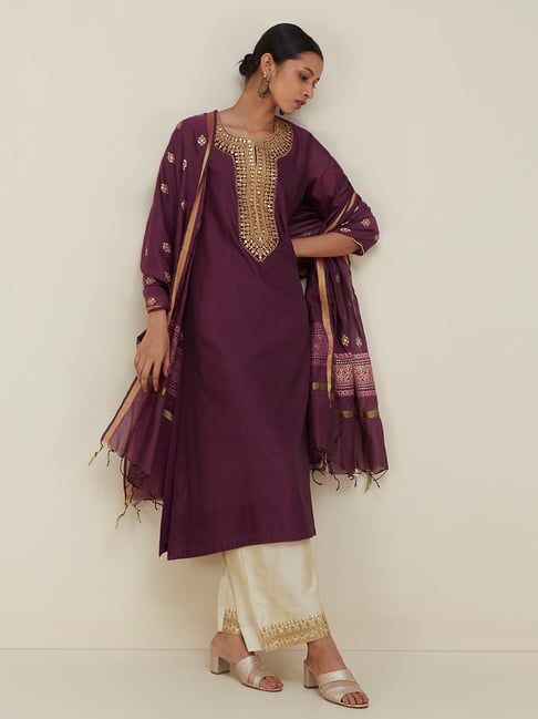 Buy Vark by Westside Purple A-Line Kurta, Dupatta And Palazzos Online ...