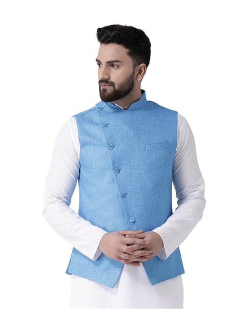 Buy Blue Handloom Cotton Embroidered Floral Motifs Nehru Jacket For Boys by  Khela Online at Aza Fashions.
