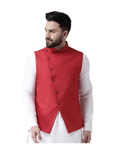 Woven Art Silk Nehru Jacket in Red : MTE1591